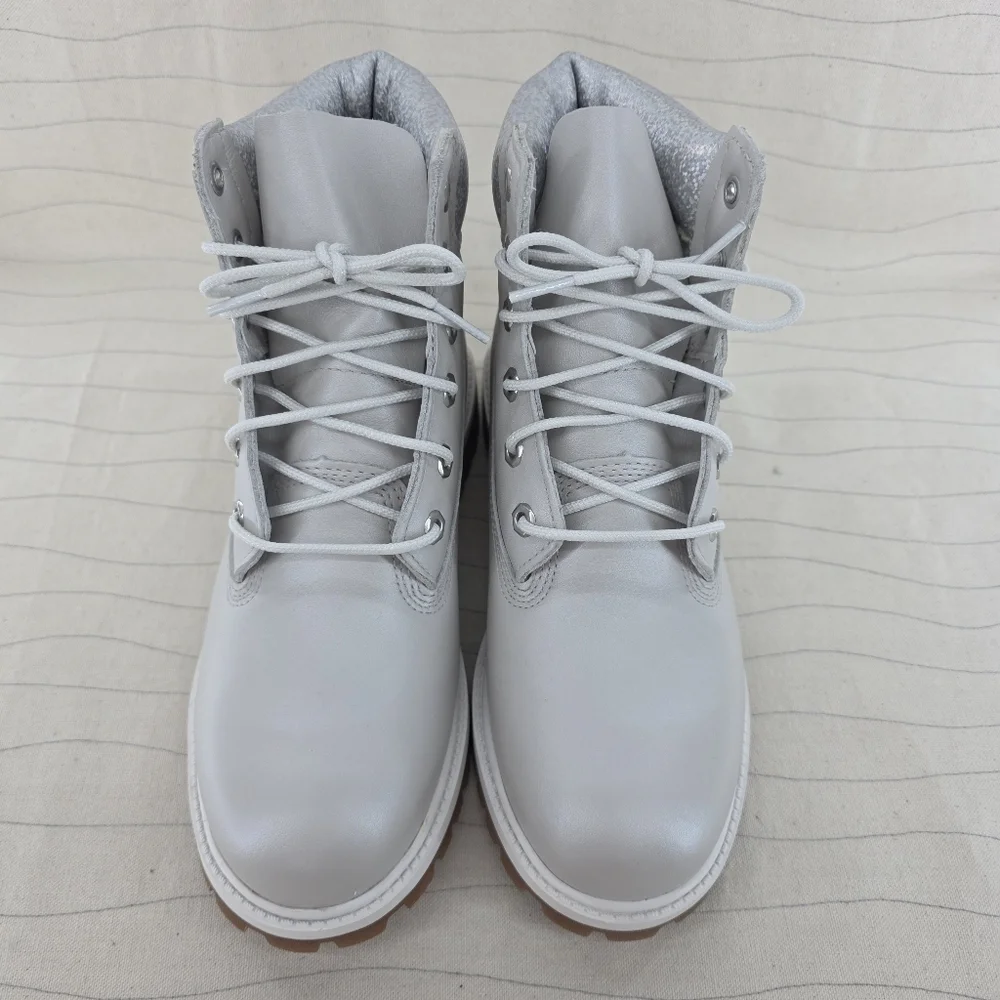 Timberland Girls Boots ReBOTL Metallic Gray Collar 6 Inch Leather A5SUW Sz 6 EUC